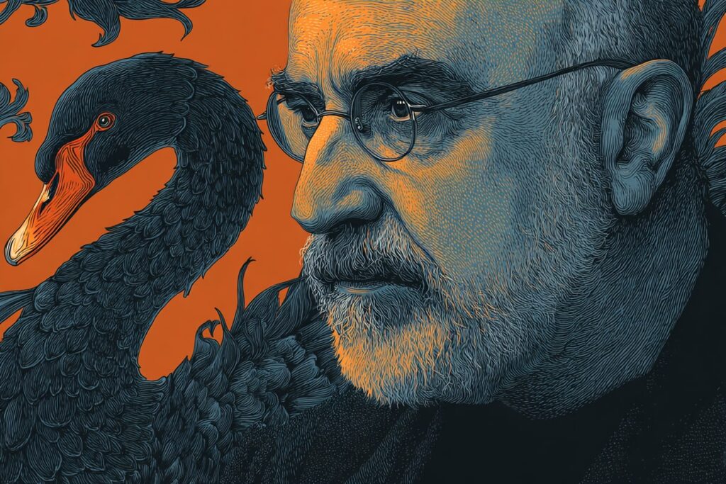 Image inspirée par la théorie du cygne noir, développée par Nassim Nicholas Taleb.
